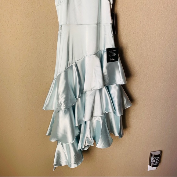 Lulu’s Blue Satin Tiered Asymmetrical Midi Dress - Picture 5 of 13